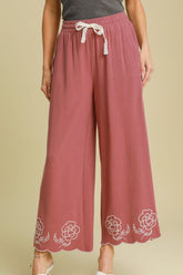 Linen Blend Wide Leg Pants with Scalloped Hemline Umgee Dusty Pink S